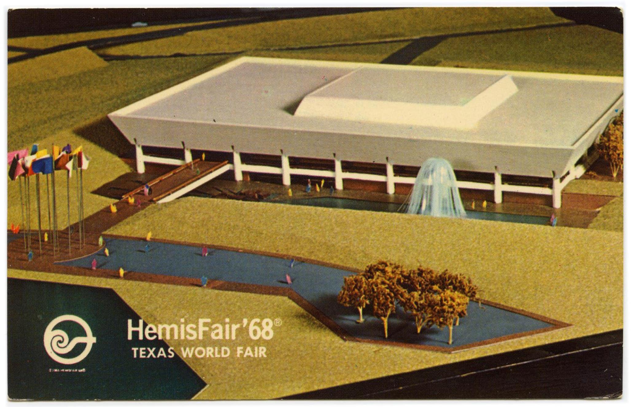 Postcard image of the Texas Pavilion as d designed for  Hemisfair '68